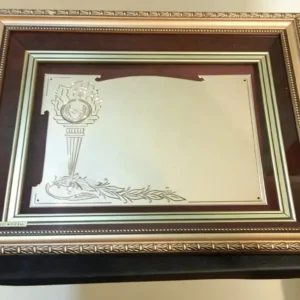 Plaqueta conmemorativa tipo cuadro con acabado en oro, marco decorativo y estuche de lujo de Nevey Medallas.
