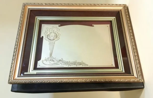 Plaqueta conmemorativa tipo cuadro con acabado en oro, marco decorativo y estuche de lujo de Nevey Medallas.