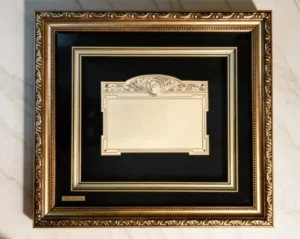 Plaqueta conmemorativa tipo cuadro con acabado en oro, marco decorativo y estuche de lujo de Nevey Medallas. Modelo 3500