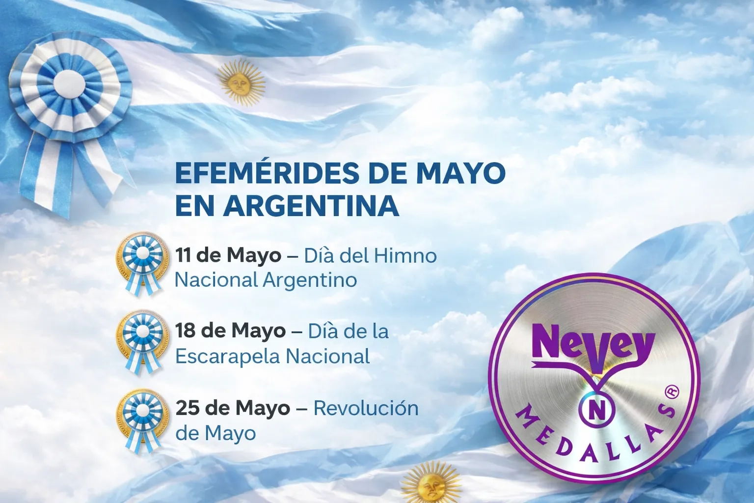 Efemérides de mayo en Argentina con símbolos patrios y fechas destacadas — Nevey Medallas, empresa argentina de premiaciones institucionales.