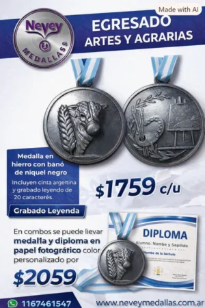 Medalla de egresado en hierro con baño de níquel negro, cinta argentina y grabado leyenda, promoción para escuelas de artes plásticas y agrarias — Nevey Medallas