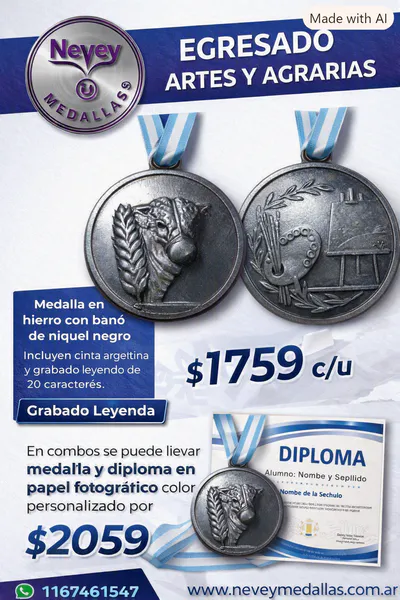 Medalla de egresado en hierro con baño de níquel negro, cinta argentina y grabado leyenda, promoción para escuelas de artes plásticas y agrarias — Nevey Medallas
