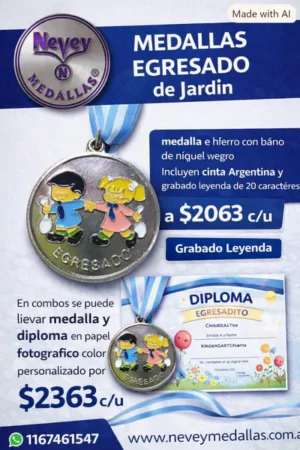 Medalla de egresado de jardín con diseño infantil, cinta argentina y grabado leyenda, promoción institucional Nevey Medallas.