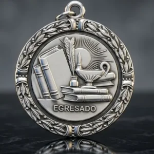 Medalla de egresado en hierro con baño níquel negro de 34 mm, diseño exclusivo Nevey Medallas con símbolos académicos y laurel institucional.