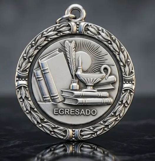 Medalla de egresado en hierro con baño níquel negro de 34 mm, diseño exclusivo Nevey Medallas con símbolos académicos y laurel institucional.