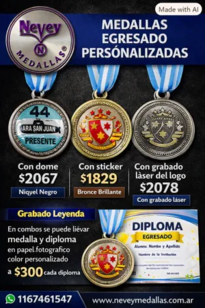 Medallas de egresado personalizadas con cinta argentina, disponibles en formatos dome, sticker y grabado láser, promoción institucional Nevey Medallas.